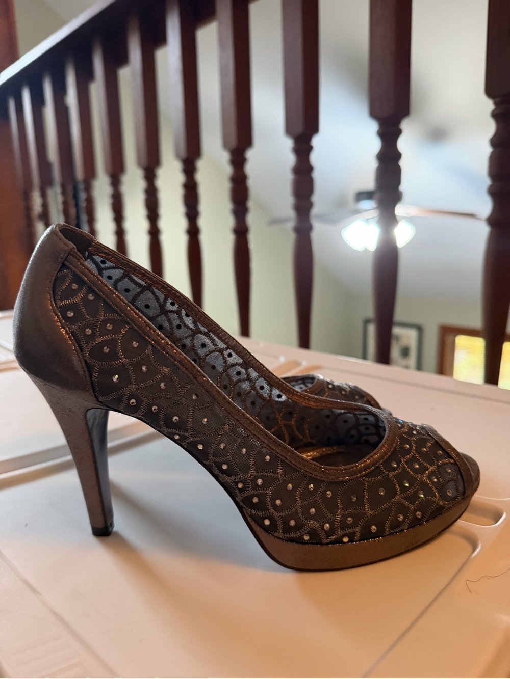 Metallic Grey Peep-Toe High Heels - Women's Dress Pumps